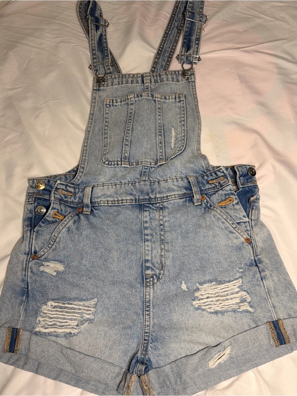 Light Blue Distressed Denim Short Overalls for women